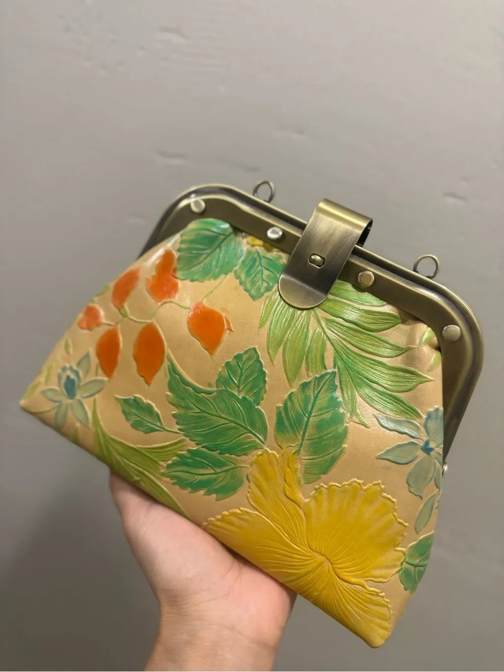 Floral Embossed Cowhide Handmade Unique Rivet Frame Bag, Retro Style Leather Bag